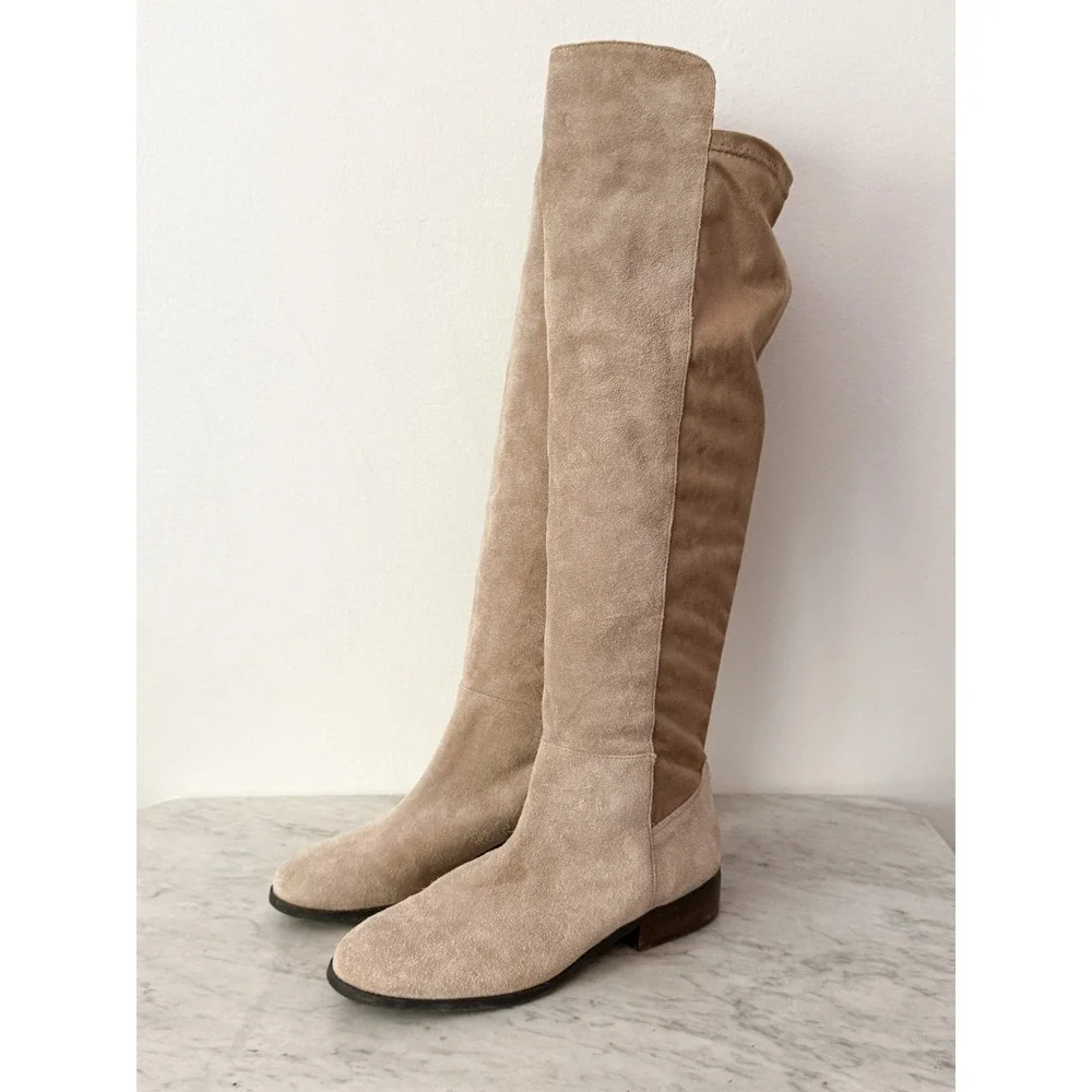 Lucky Brand Calypso Over The Knee Boots Suede Stretch 8.5 Tan Low Block Heel